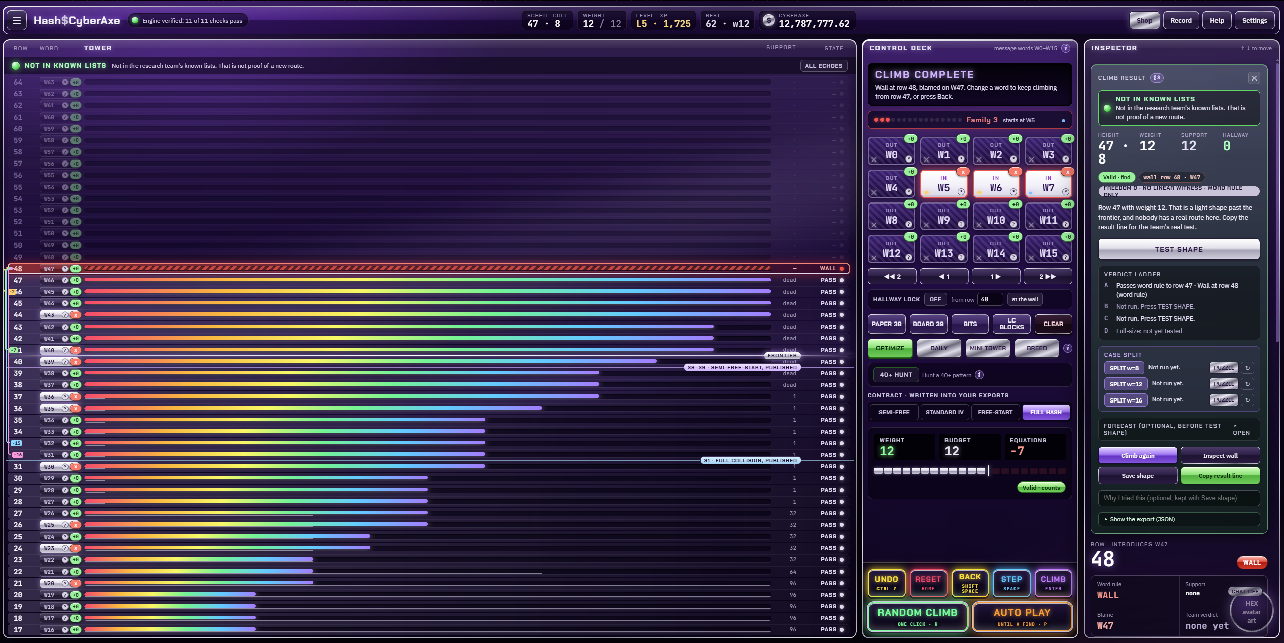 The Hash$CyberAxe game board: the 64-row tower on the left with rainbow climb bars up to a wall at row 48, the control deck of message words W0 to W15 in the middle, and the inspector with the climb result on the right.